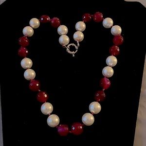 Pearl & Cut Ruby Bead necklace designer made 20”